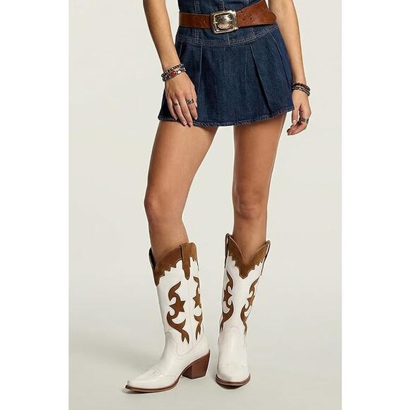 Women White Patchwork Cowboy Boots Wide Calf Western Cowgirl Mid Calf - Picture 10 of 11